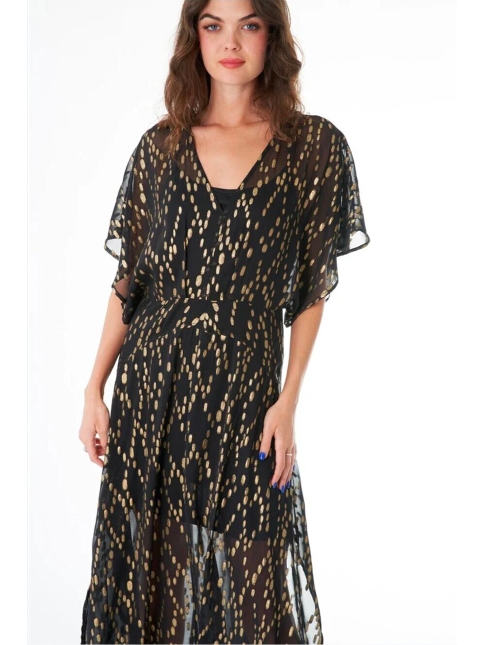 Anthropologie En Crème Black & Gold Sheer Midi Dress XS
